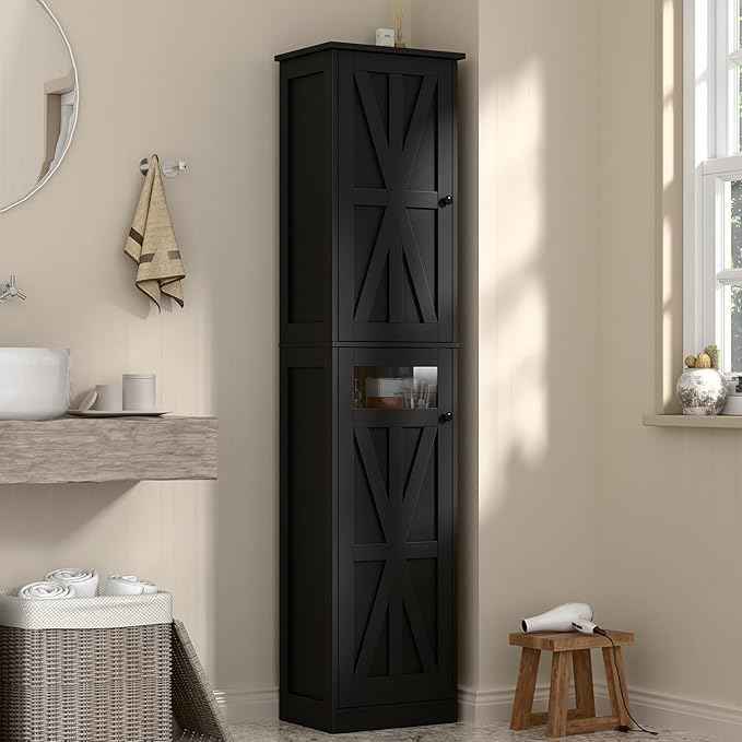 Vabches Tall Bathroom Cabinet, Slim Bathroom Storage Cabinet with Adjustable Shelves and 2 Doors, Narrow Floor Storage Cabinet for Bathrooms, Kitchen, Living Room, Black