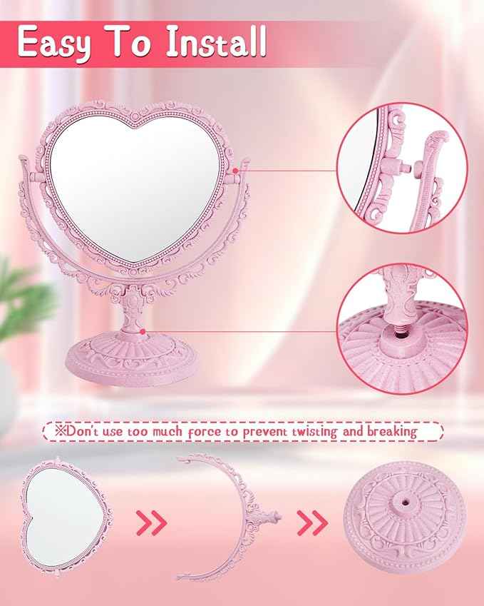 D&XQAUO Pink Heart Mirror for Desk Cute Coquette Room Decor Small with Stand,Vanity & Bathroom Double-Sided Rotating Makeup Table Mirror