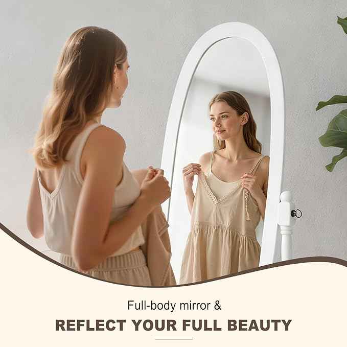 Full Length Mirror with Stand, Vintage Style Wood Floor Cheval Mirror, Traditional Adjustable Free Standing Mirrors Full Length (White)