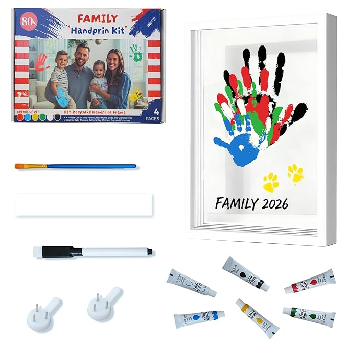 80S Family Handprint Kit, Handprint Art Craft DIY Kit, Baby Hand Print Gift for New Moms, Parents, Grandparents, 6 Safe, Non-Toxic Paints, Ideal for Mother's Day, Father's Day, Anniversary & More