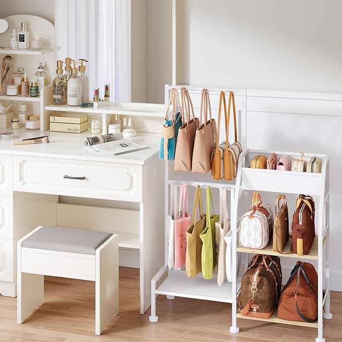Purse Organizer for Women - 3-Tier Storage Stand & 12 Fixed Hooks, Visible Backpack Storage, Space-Saving Bag Organizer Rack for Home, Closet, White