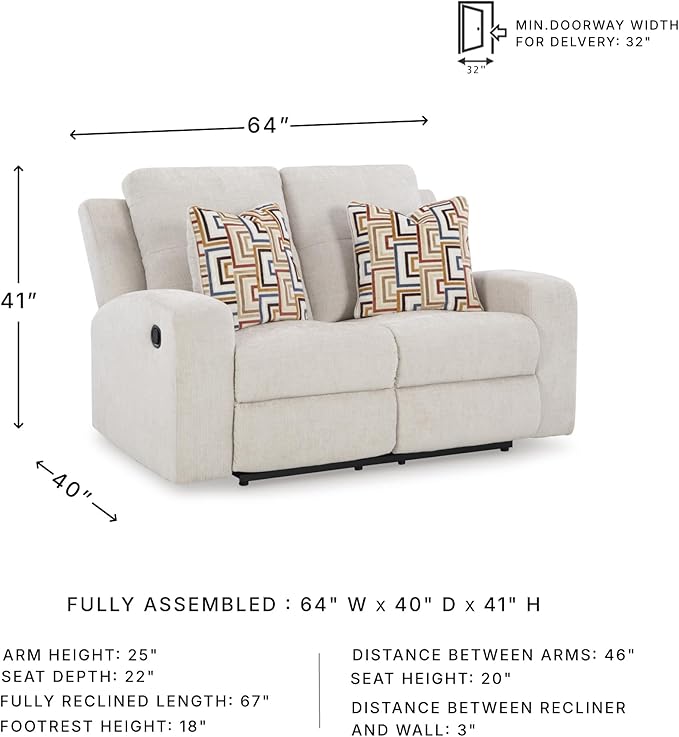 Signature Design by Ashley Danum Modern Tufted Manual Reclining Loveseat with 2 Accent Pillows, Beige