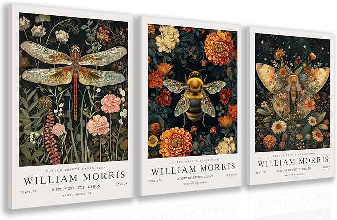 Hianan William Morris Animal Botanical Inspired Canvas Wall Art, Vintage Dragonfly Bee Butterfly Poster Prints, Maximalist Nature Flower Aesthetic Pictures for Living Room Bedroom Framed 16"x24"x3