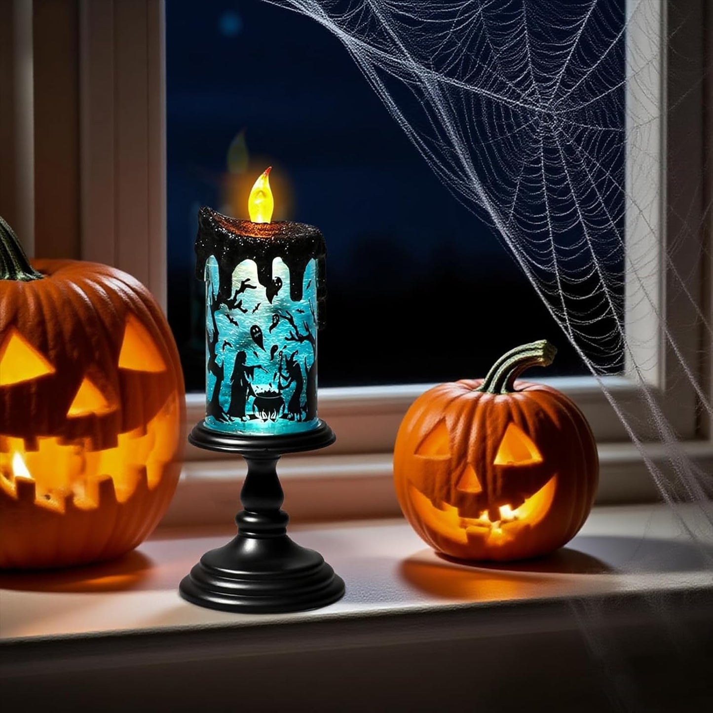 Eldnacele Halloween Snow Globe Flameless Candle with Timer, Battery Operated Spooky Spinning Water Glittering Tornado Lamp LED Candlestick Table Fireplace Witch Decal Halloween Holiday Decoration
