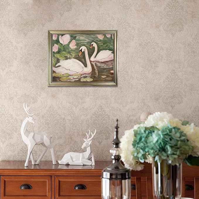 Vintage Framed Swan Wall Art Pink and Green Girls Room Decor Girly Office Canvas Print Painting Home Artwork