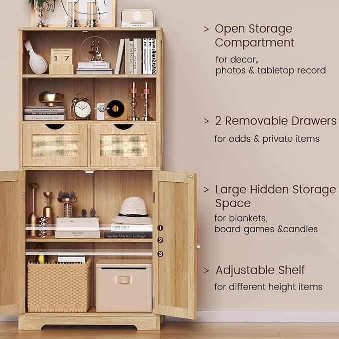 Iwell Tall Storage Cabinet, Rattan Cabinet with 2 Drawers & Adjustable Shelf, Kitchen Pantry Storage Cabient, Entryway Cabinet for Living Room, Dining Room, Home Office, Natural