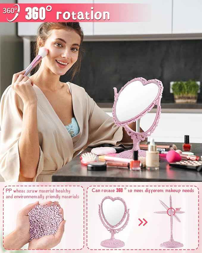 D&XQAUO Pink Heart Mirror for Desk Cute Coquette Room Decor Small with Stand,Vanity & Bathroom Double-Sided Rotating Makeup Table Mirror