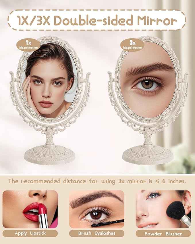 XPXKJ Vintage Vanity Mirror Shabby Chic Decor | 360° Rotating Double-Sided Table Makeup Mirror with Stand Bedroom Decoration Perfect for Tabletop, Desk, or Makeup Station