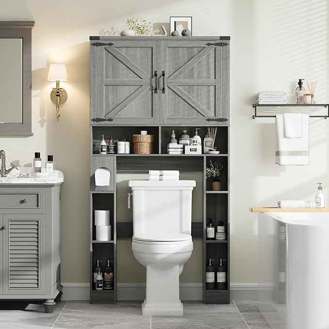 Vabches Over The Toilet Storage Cabinet, Farmhouse Storage Cabinet Over Toilet with 2 Barn Doors ，Toilet Paper Holder Stand，Home Space-Saving Toilet Rack, for Laundry, Restroom, Bathroom.Grey.
