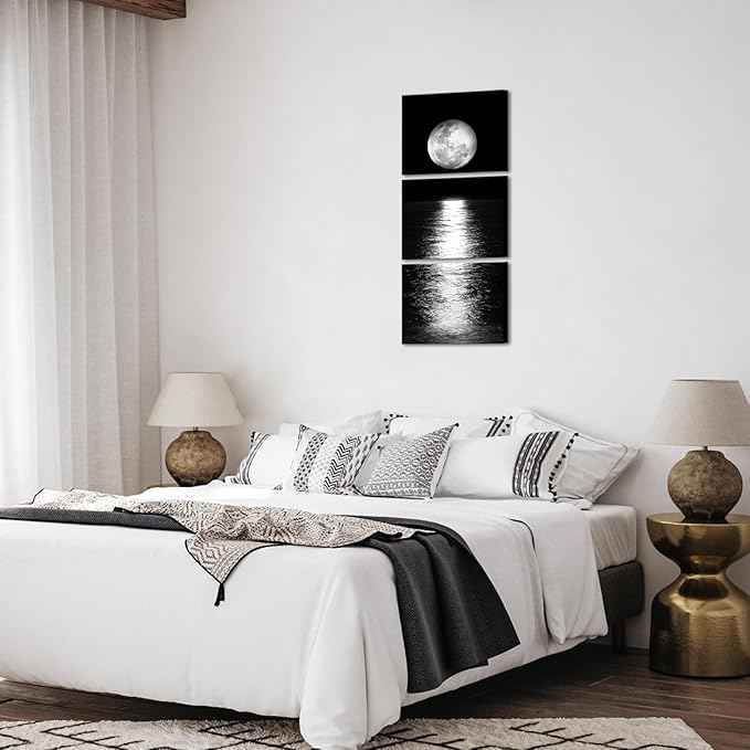 Artmyharbor Full Moon Phase Canvas Wall Art Vertical Black and White Picture Moon on Sea Print Modern Bedroom Decorations Cool Apartment Decor for Men