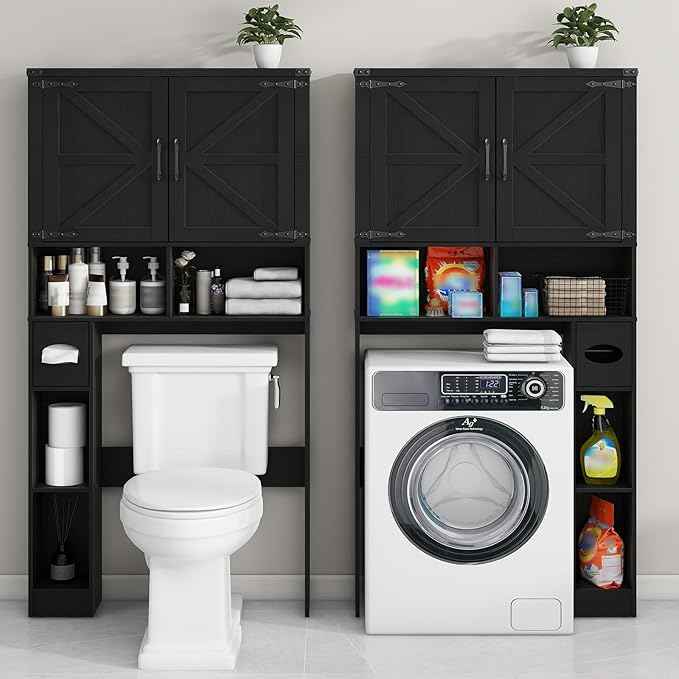 Vabches Over The Toilet Storage Cabinet, Farmhouse Storage Cabinet Over Toilet with 2 Barn Doors && Toilet Paper Holder Stand，Home Space-Saving Toilet Rack, for Laundry, Restroom, Bathroom.Pure Black