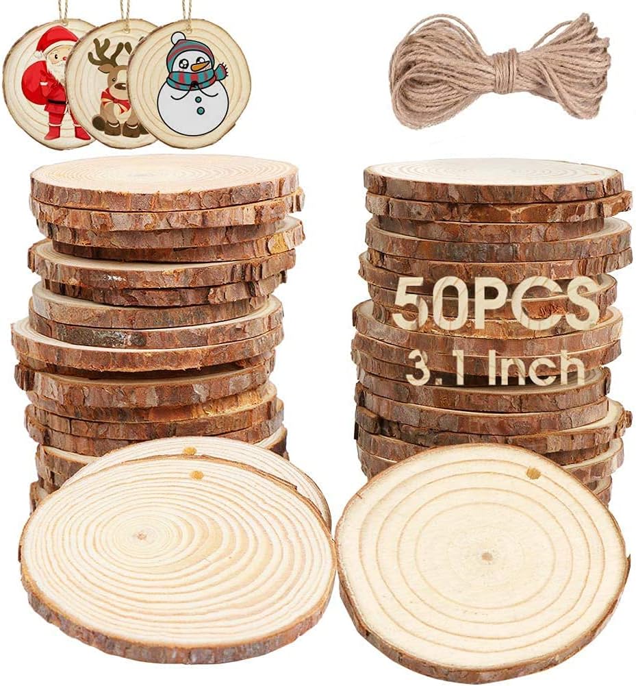 AerWo Natural Wood Slices Christmas Ornaments, 50 Pcs 2.7-3.1 Inches Small Wood Slices with Holes, Round Plain Wooden Circle Ornaments Blanks for DIY Crafts Unfinished Xmas Wooden Ornament