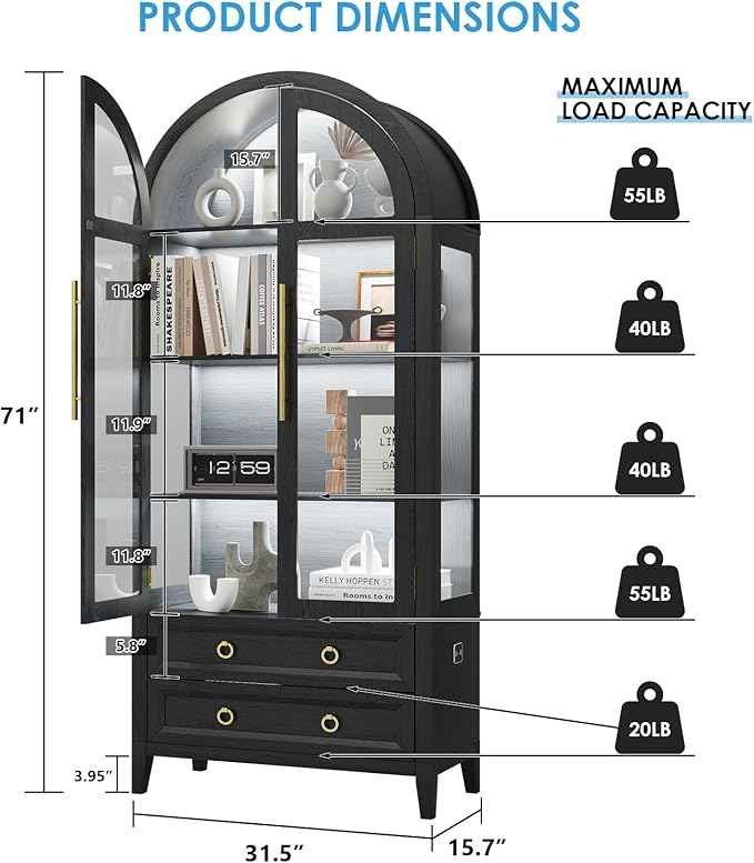 Arched Curio Cabinet with Glass Doors, 4-Tier Display Cabinet with 2 Drawers, Tall Bookcase with 3 Color Lights, Display Case, Kitchen Pantry (Black)