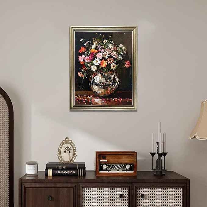 Disco Ball Wall Decor, Vintage Framed Colorful Moody Florals Wall Art, Maximalist Funky Flowers Bouquet Print Poster, Retro Eclectic Wall Art Painting