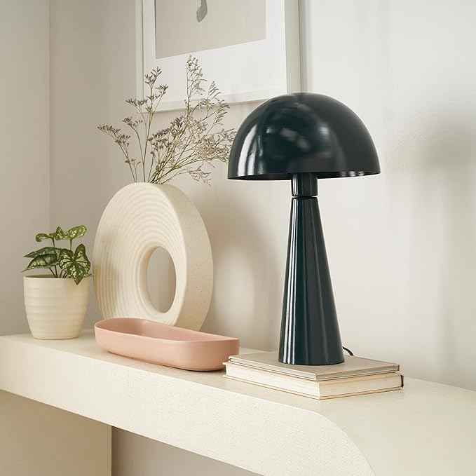 Nourison Home 16" Dark Green Metal Mushroom Table Lamp, Modern, Retro, Desk Light for Bedroom, Dining, Office, Entryway