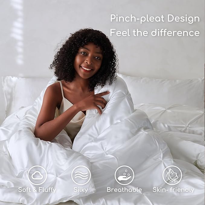 MR&HM Satin Comforter Twin 5 Pieces - Luxurious Pinch Pleat Bedding Set with Comforter, Flat Sheet, Fitted Sheet, Pillowcase & Sham, Super Silky Soft Bed Set for All Season (Twin, White)