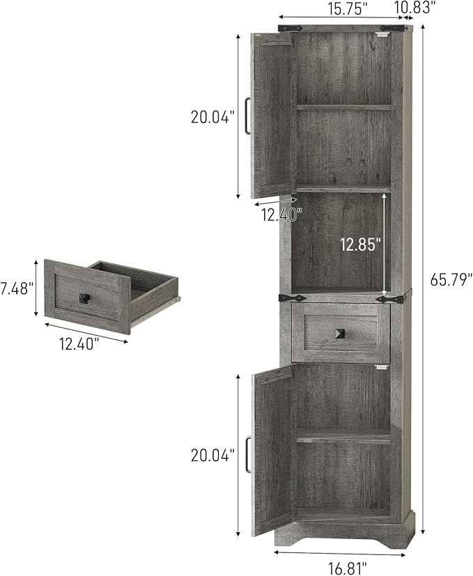 Vabches 66" Tall Farmhouse Bathroom Storage Cabinet with Barn Doors and Drawer, Narrow Storage Unit, Adjustable Shelves & 5-Tier Space, Freestanding Cabinet for Bathroom, Entryway, Kitchen, Grey