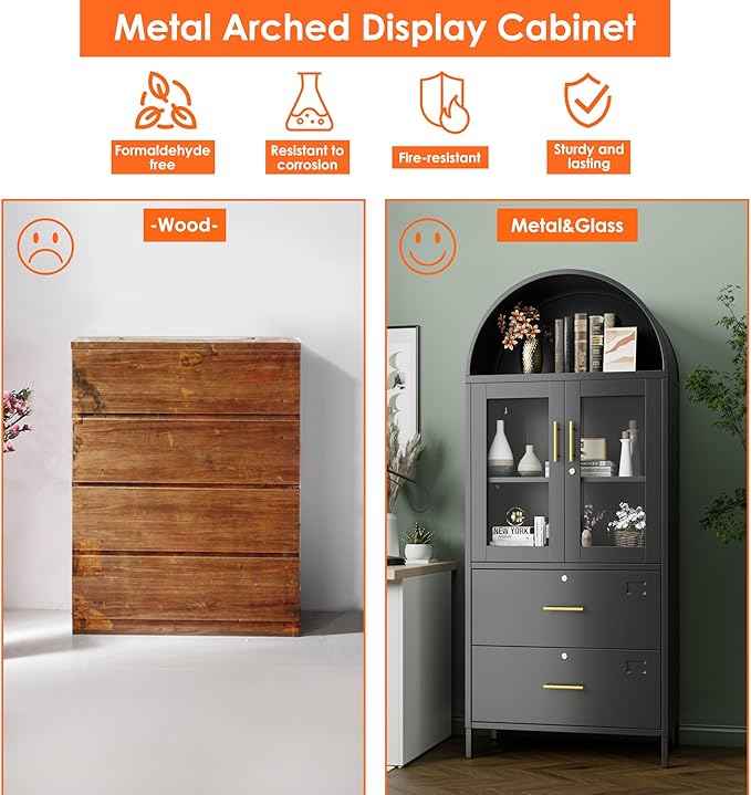 Tall Black Arched Bookcase, Metal Arched Bookshelf with 2 File Drawers and Locking Glass Doors,Assemble Required