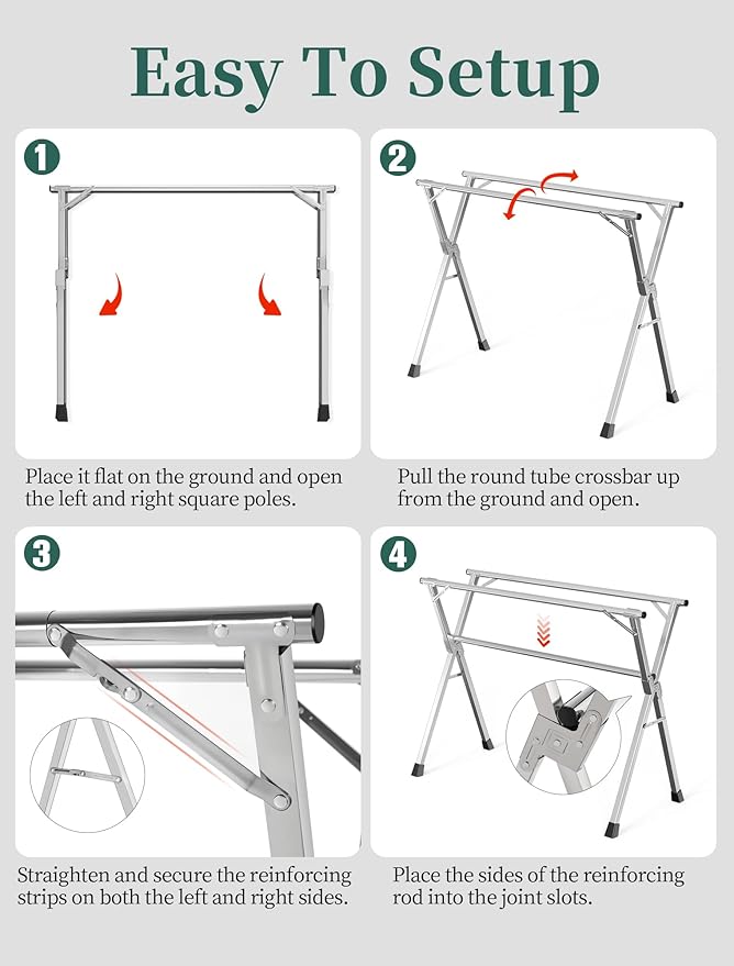 79 Inches Heavy - Duty Stainless Steel Folding Clothes Drying Rack Clothing Indoor Outdoor Anti-Rust 20 Windproof Hooks Portable & Foldable Laundry Rack (79'')