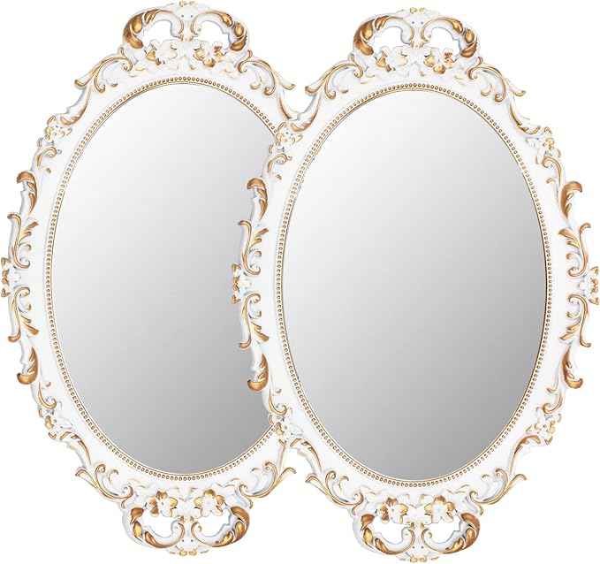 2 Pack - Vintage Decorative White Framed Mirror, Wall Hanging Mirrors & Tabletop Tray for Bedroom Living Room Dresser Decor, Oval- 9.6" W x 14.3" L (WHITE-2PACK)