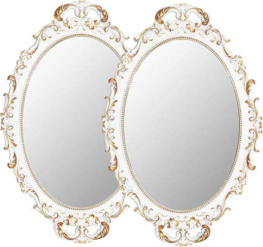 2 Pack - Vintage Decorative White Framed Mirror, Wall Hanging Mirrors & Tabletop Tray for Bedroom Living Room Dresser Decor, Oval- 9.6" W x 14.3" L (WHITE-2PACK)