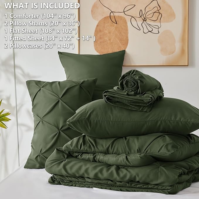 CozyLux California King Comforter Set Olive Green - 7 Pieces Cal King Pintuck Bed in A Bag Gift for Family, Pinch Pleat Bedding Sets with All Season Comforter, Sheets, Pillowcases & Shams