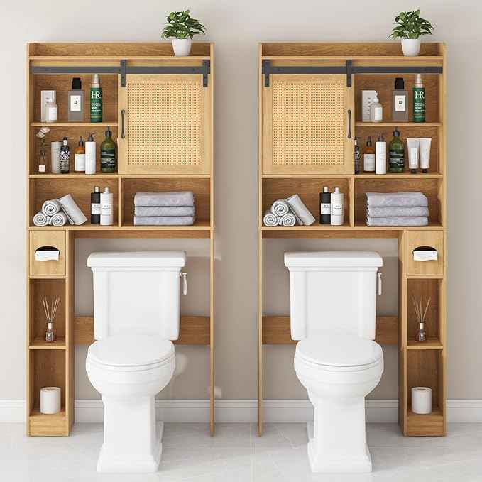 Over The Toilet Storage Cabinet, Farmhouse Rattan Storage Cabinet Over Toilet with Sliding Doors & Toilet Paper Holder Stand, Home Space-Saving Toilet Rack, for Bathroom, Laundry(Rattan Oak).