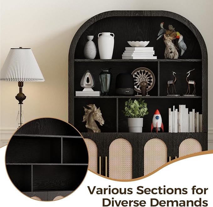 71" Arched Tall Wood Storage Cabinet - 5-Tier Rattan Door Pantry Organizer with Divider Shelf & Gold Handles, Versatile Bookcase for Living Room & Kitchen, Jet Black