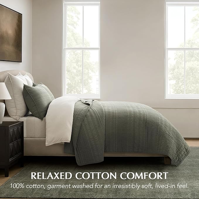 EVERGRACEHOME 100% Cotton Modern Lines Quilt Set Queen Size, Pre-Washed Soft Striped Coverlet Bedspread, 3 Piece Lightweight Bedding Set for All Season, with 2 Pillow Shams, Olive Green