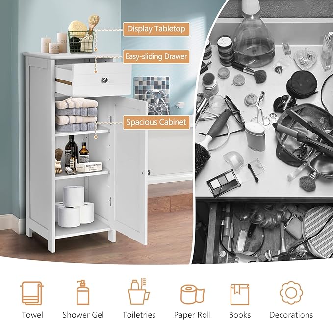 COSTWAY Bathroom Storage Cabinet, Single Door Floor Cabinet with Drawer and 3-Level Adjustable Shelves, Modern Side Storage Organizer with Anti-Tipping Device for Living Room, Bedroom (White)