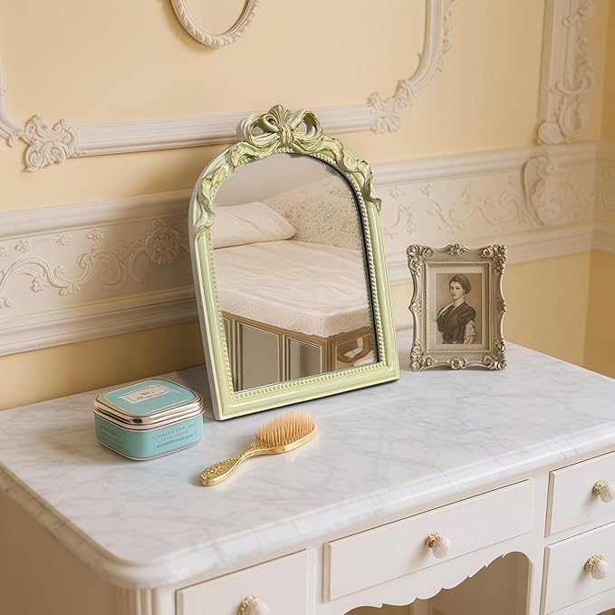 Cream Bow Mirror - 13x10 Inch Perfect Elegant Decorative Accent, Wall-Mounted Tabletop Makeup Mirror for Nursery Baby Room Bedroom Decor