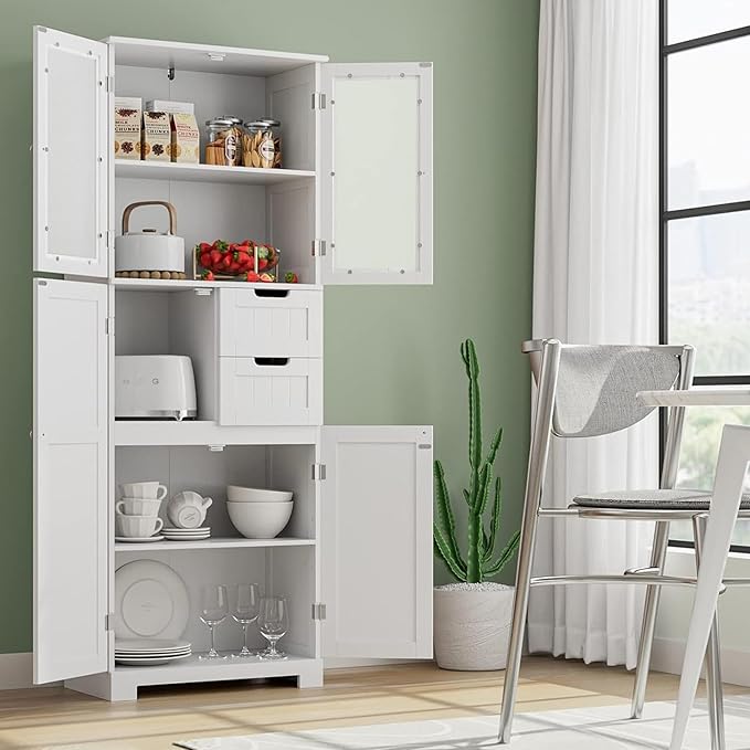 67'' Tall Bathroom Storage Cabinet, Linen Cabinet with Glass Doors and Adjustable Shelves, Kitchen Pantry with 2 Drawers for Bathroom, Living Room, Dining Room, White