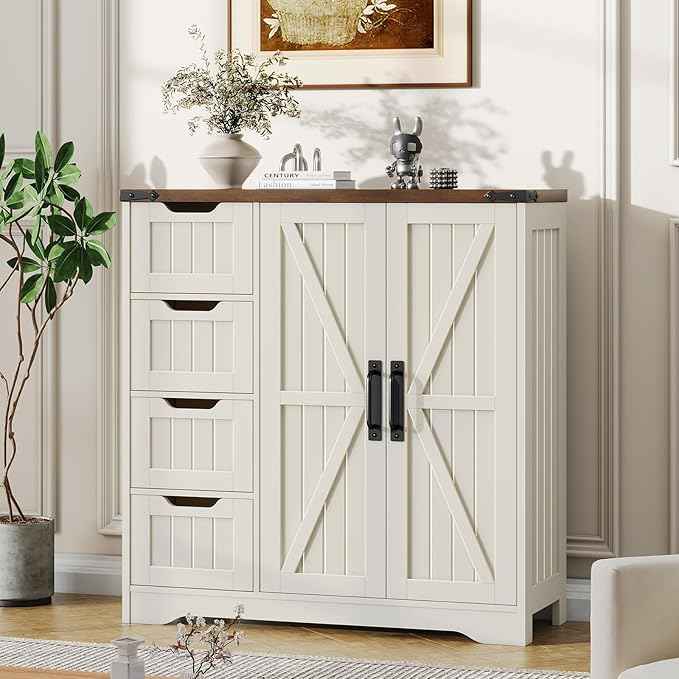 Vabches Farmhouse Bathroom Cabinet, Freestanding Storage Cabinet with 4 Drawers and 2 Doors, Rustic Storage Organizer with Adjustable Shelf for Bathroom, Living Room, Entryway, White