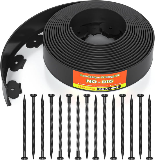 40FT No-Dig Landscape Edging, 2 Inch Tall Heavy Duty Plastic Garden Edging Border with 40 Anchoring Spikes for Lawn, Flower Bed & Decorative Yard (Black)