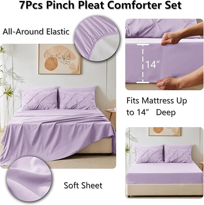 CozyLux Full Size Comforter Sets Lavender, 7 Pieces Bed in A Bag Light Purple Comforter Full Size, Pinch Pleat Bedding Sets with All Season Comforter, Sheets, Pillowcases & Shams