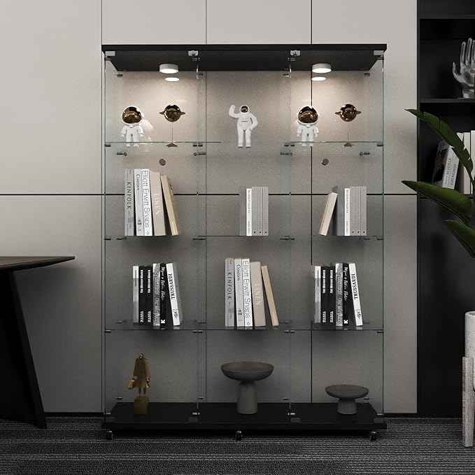 Beauty4U Glass Display Cabinet with LED Lights, Extra Large 3 Columns 2 Doors Curio Cabinets with 12 Shelves for Living Room, Bedroom, Office, Black Floor Standing DIY Glass Bookshelf