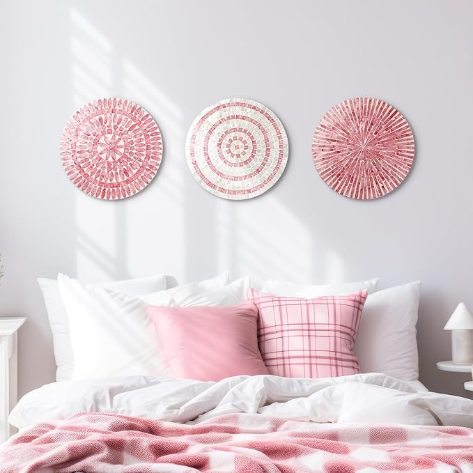 Tioncy 3 Pcs 11.8 Inches Modern Pink Mother of Pearl Shell Plate Preppy Coastal Pink Wall Art Mosaic Wall Sculpture Shell Handmade Hanging Plates Arts for Bedroom Bathroom Home Office Hotel