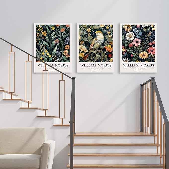 Hianan William Morris Floral Canvas Wall Art, Vintage Botanical Poster Prints, Bright Flower Bird Aesthetic Pictures, William Morris Animal Wall Decor for Living Room Bedroom Framed 16"x24"x3