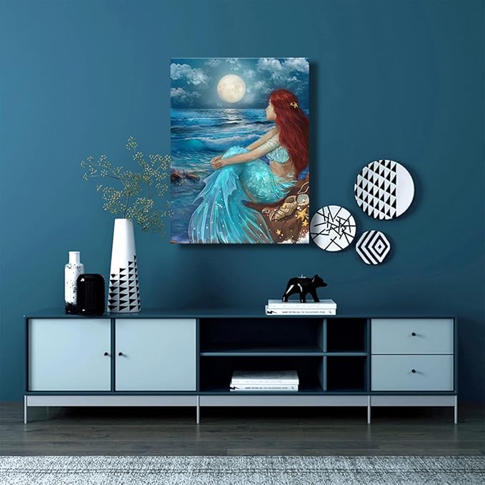 SDYA Aesthetic Wall Art for Living Room Bedroom Wall Decor Blue Canvas Prints Moon Night Artwork 24"x 36" Girls Room Decor