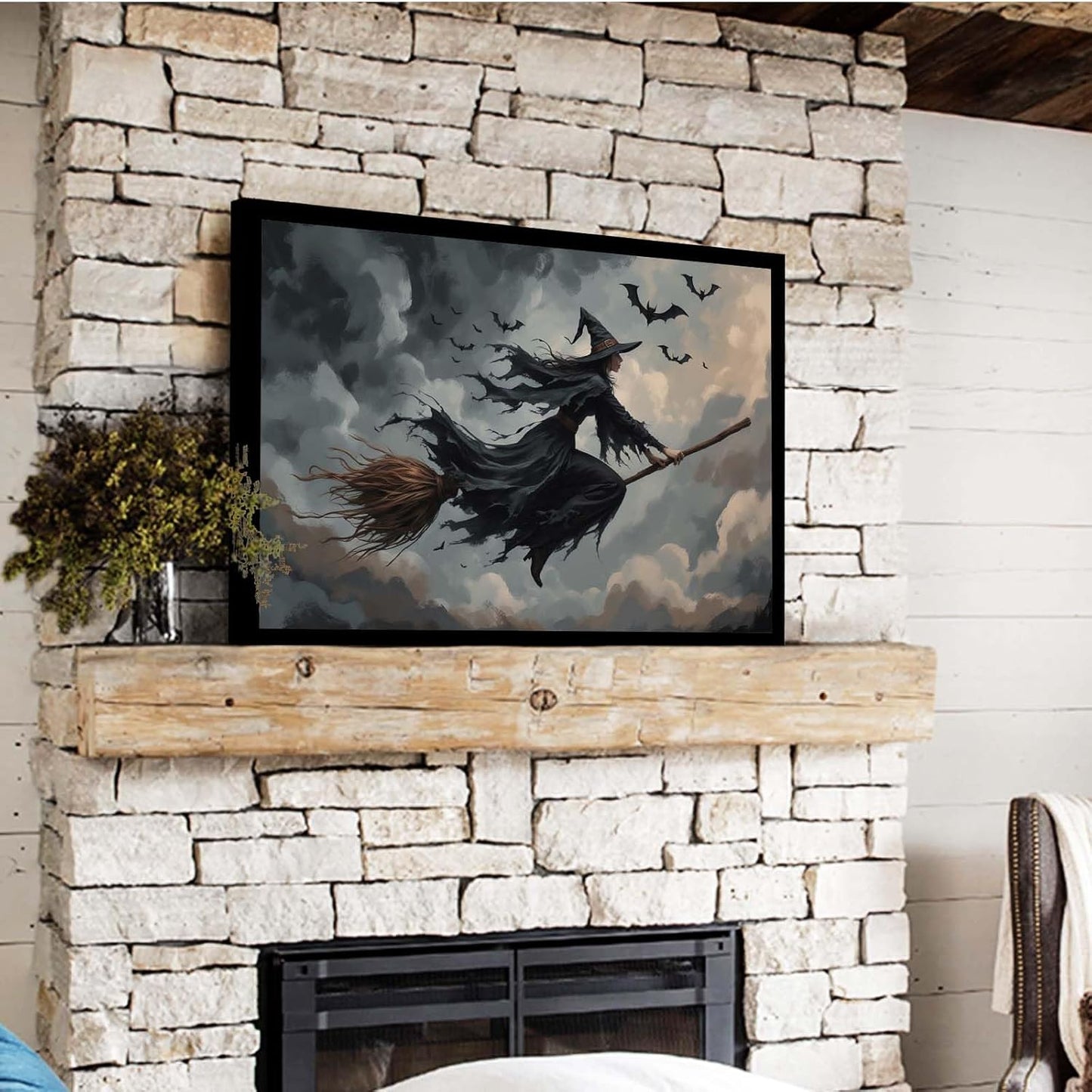 JFHCQJPK Witch and bat flying Halloween poster suitable for home party wall decoration retro Halloween preppy style wall art canvas print suitable for room decoration16x24in Metal blackFramed