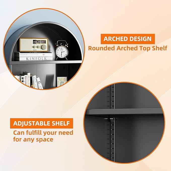 Metal Arched Bookcase with Wheels, Black Arched Bookshelf with 2 Adjustable Shelf for Home Office Living Room,Required Assembly
