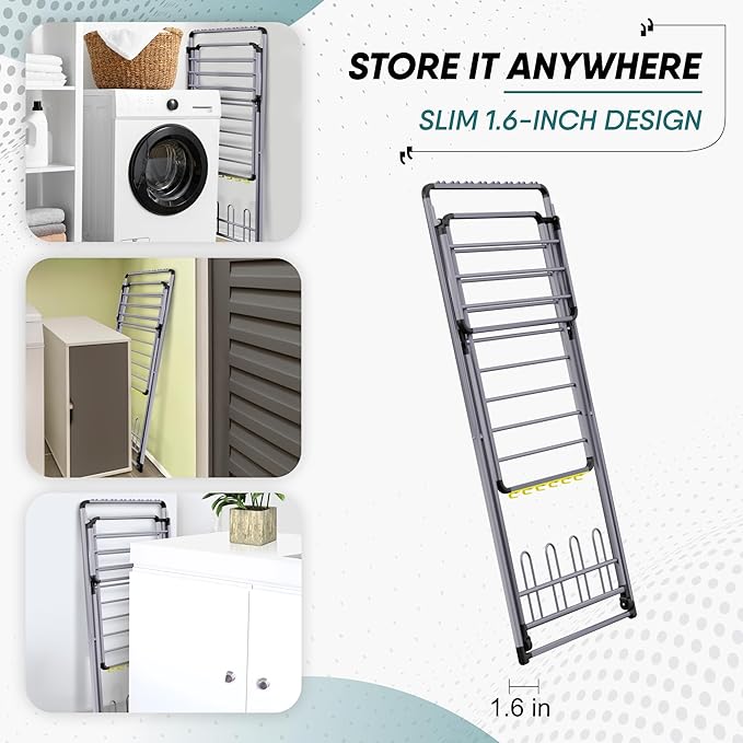 XABITAT Clothes Drying Rack with Shoe Dryer, No Assembly, Metal Construction, Non-Slip Feet, 2 Level with Hooks, Hidden Wheels, Foldable, Portable, Ideal for Laundry Room, Indoor & Outdoor