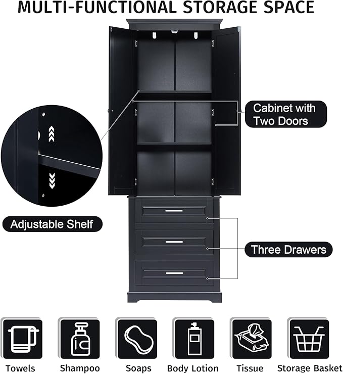 70" Tall Storage Cabinet Kitchen Pantry Cupboard with Two Doors and Three Drawers, Freestanding Shelf Organizers Unit for Home, Bathroom and Living Room, White
