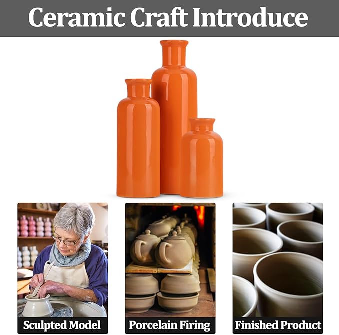 Ceramic Vase Set - 3 Orange Small Vases, Farmhouse Country Flower Vase Home Decor, Living Room Decoration, Table Decoration, Fireplace Decor, and Entrance Decorations Centerpieces