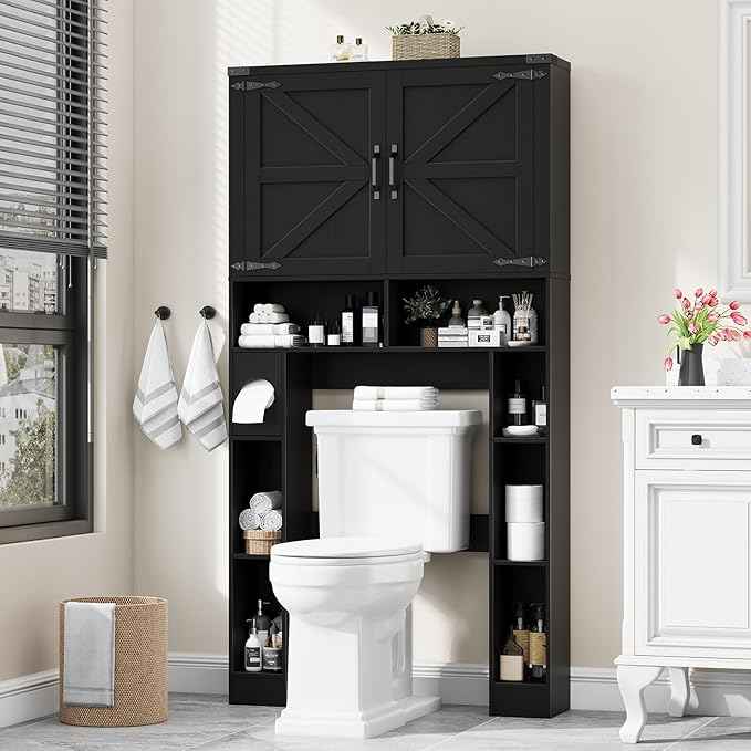 Vabches Over The Toilet Storage Cabinet, Farmhouse Storage Cabinet Over Toilet with 2 Barn Doors ，Toilet Paper Holder Stand，Home Space-Saving Toilet Rack, for Laundry, Restroom, Bathroom.Black.