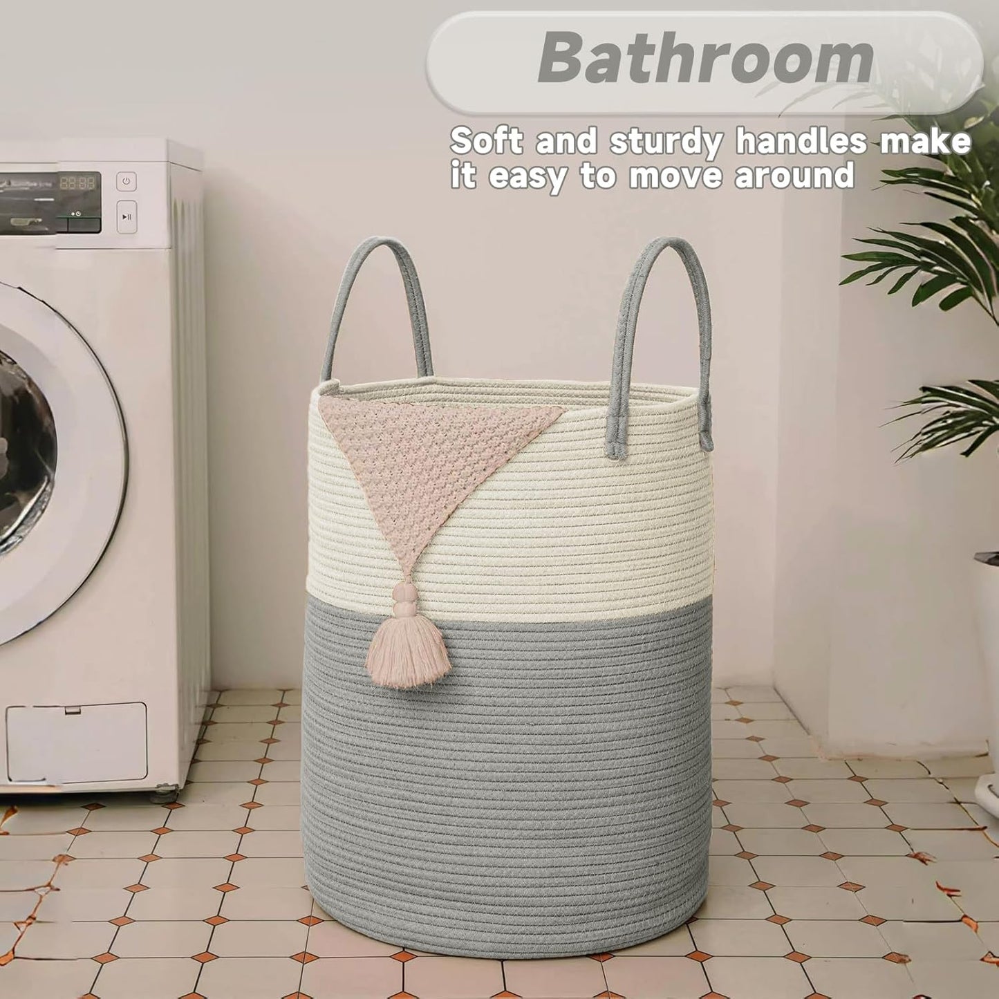 Large Woven Laundry Basket Hamper,60L Cotton Rope Storage Bin for Blankets,Toys and Clothes,Decorative Tall Nursery Hamper for Living Room,Baby Nursery,Bathroom and Bedroom,White and Grey