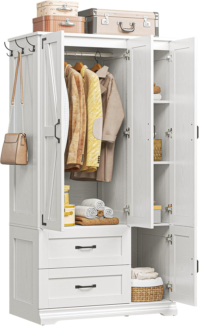 LIKIMIO Armoire Wardrobe Closet 71" H, Bedroom Wooden Wardrobe with 4 Doors and 2 Drawers, Farmhouse Clothing Storage Cabinet Combination with Hanging Rod, Shelves, and Hooks, White