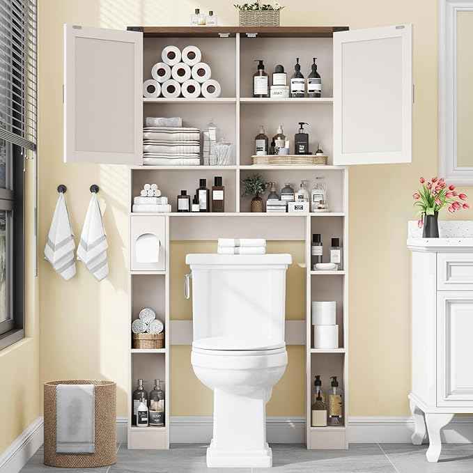 Over The Toilet Storage Cabinet, Farmhouse Storage Cabinet Over Toilet with 2 Barn Doors ，Toilet Paper Holder Stand，Home Space-Saving Toilet Rack, for Laundry, Restroom, Bathroom