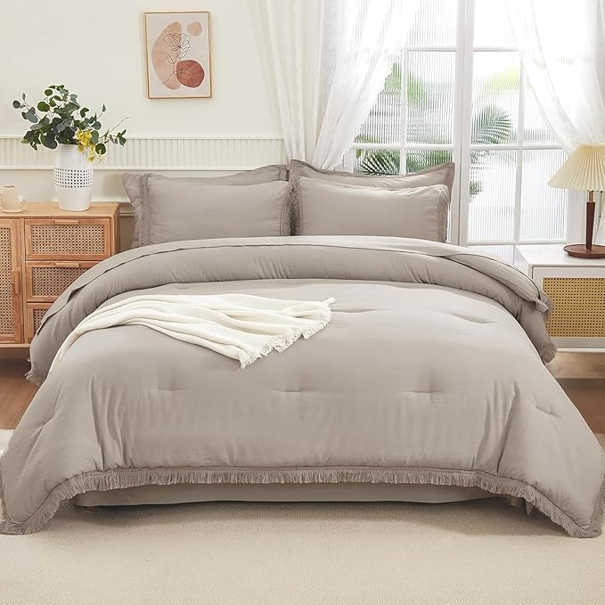 Andency Oversized King Comforter Set with Sheets 120x120 Wheat - 7 Pieces Boho Tassel Bed in a Bag Soft Lightweight Bedding Sets, Fringe Bed Set with Comforter, Sheets, Pillowcases & Shams