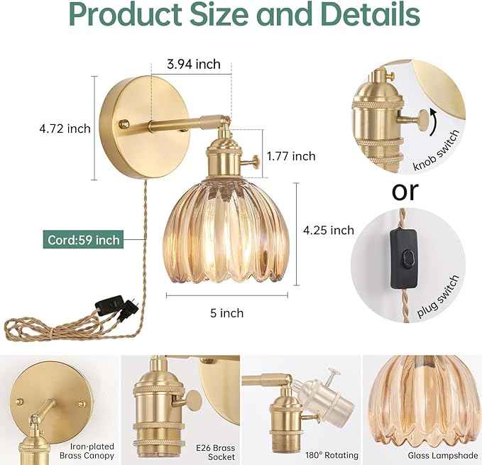 Plug in Wall Sconce, Amber Tulip Glass Lampshade Wall Light Plugin Corded for Bedside Bedroom Doorway, 2 Pack